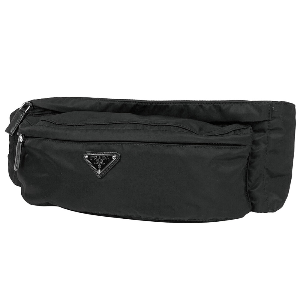 Prada Logo Plate Waist Bag Clutch Body Bum Crossbody Belt Nero Black
